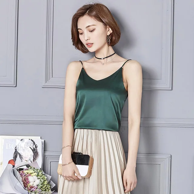 Camisole, женские летние майки, сексуальные шелковые женские нижние рубашки с v-образным вырезом, Обрезанные женские футболки, мягкие атласные майки - Цвет: Черный