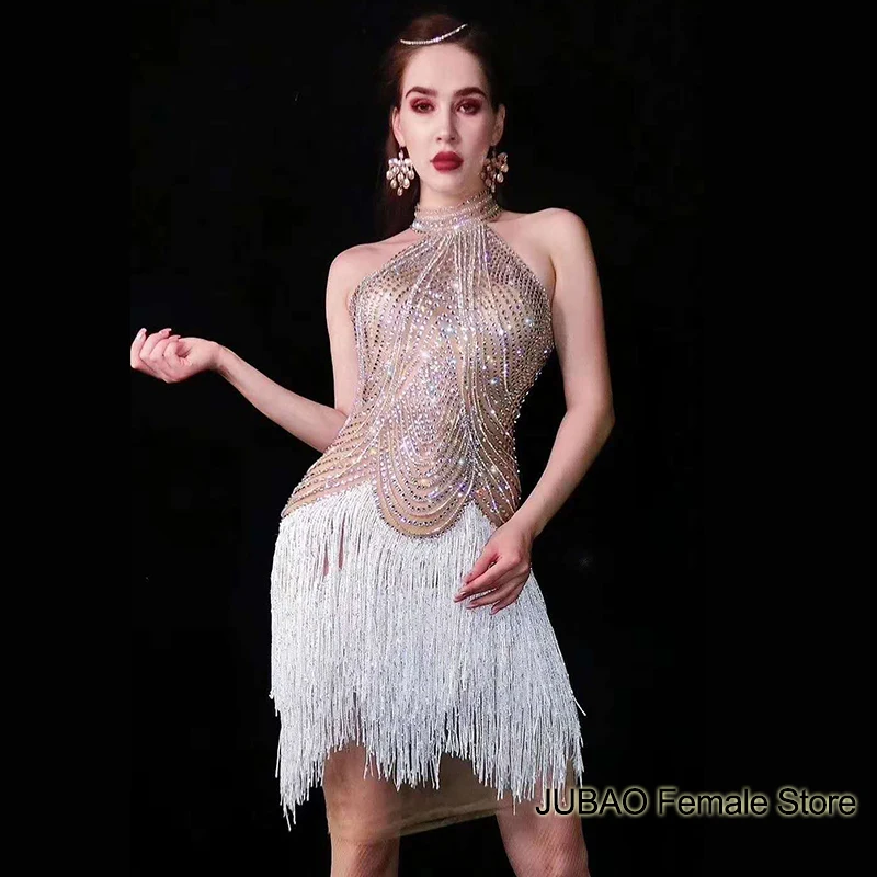 

high quality glitter diamond tassel knee length high low dress white silver sexy prom club dresses party night custom spandex