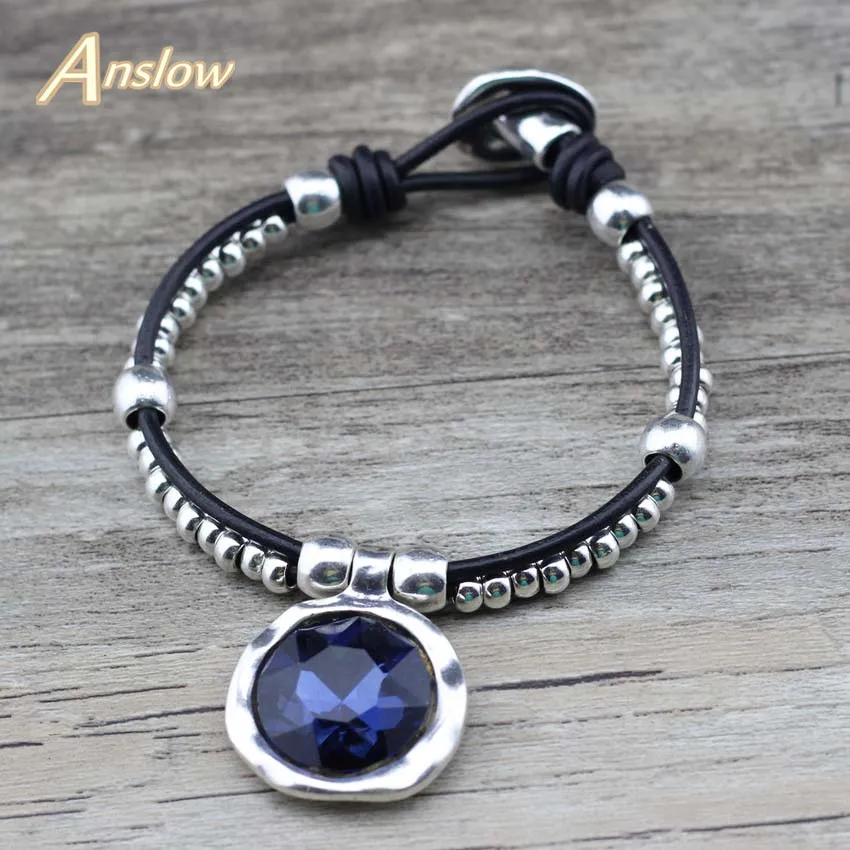 Anslow New Wholesale Charm Bijoux Round Crystal Leather Bracelet Wristband Jewelry For Women Female Valentine's Day LOW0766LB - Окраска металла: Blue