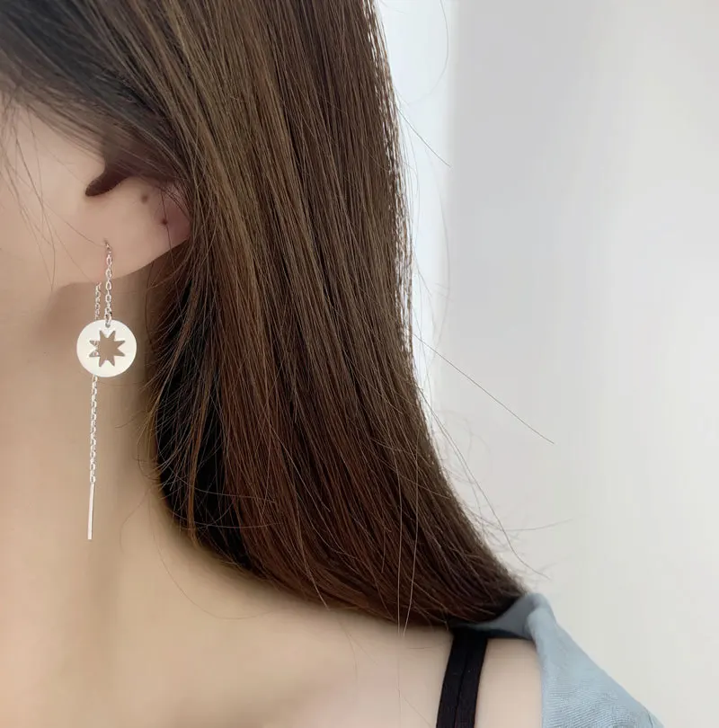 Exquisite Simple 925 Sterling Silver Circle Tassel Long Earrings Ear Line Women Jewelry Boucle DOreille