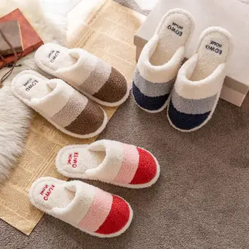 

Couple Winter Plush Home Slippers Anti Slip Patchwork Colors Winter Plush Flat Slippers Couple Slip On Indoor Slippers #15