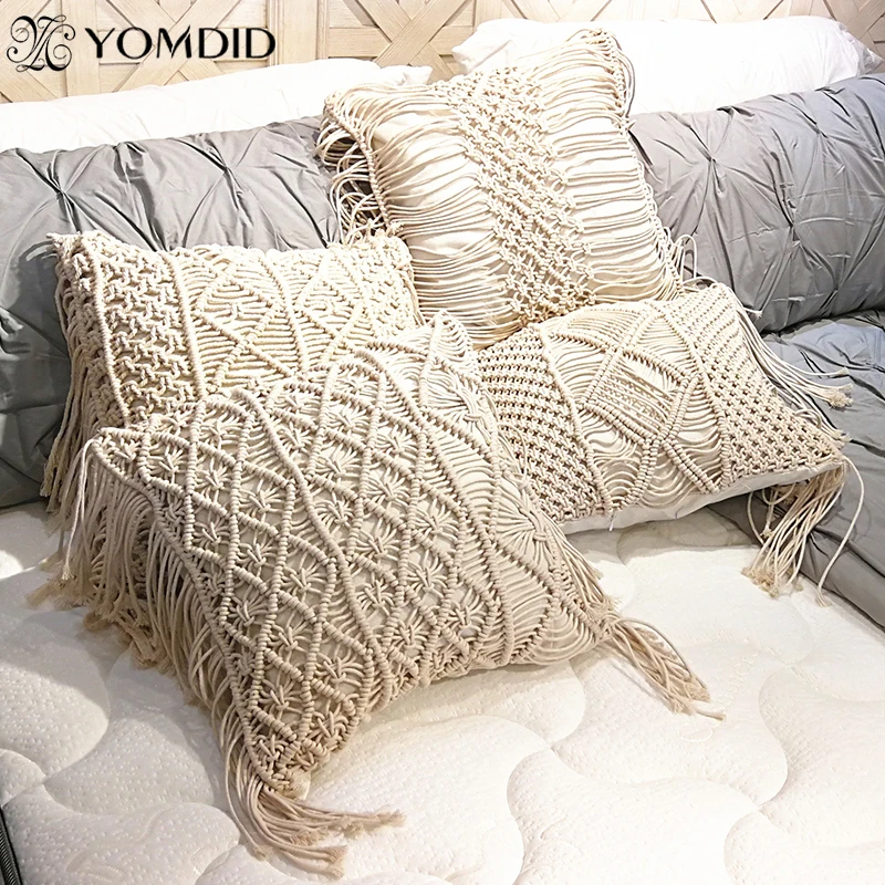 YOMDID Boho cushion cover macrame pillows case bohemia geometric pattern cotton thread tassels pillowcase sofa throw home decor