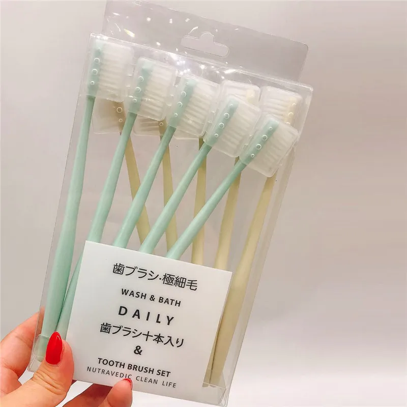 10 Piece Set Plain Color Soft Bristle Toothbrush Women's Adult with Protective Case Household Family Pack Japan Combination of E