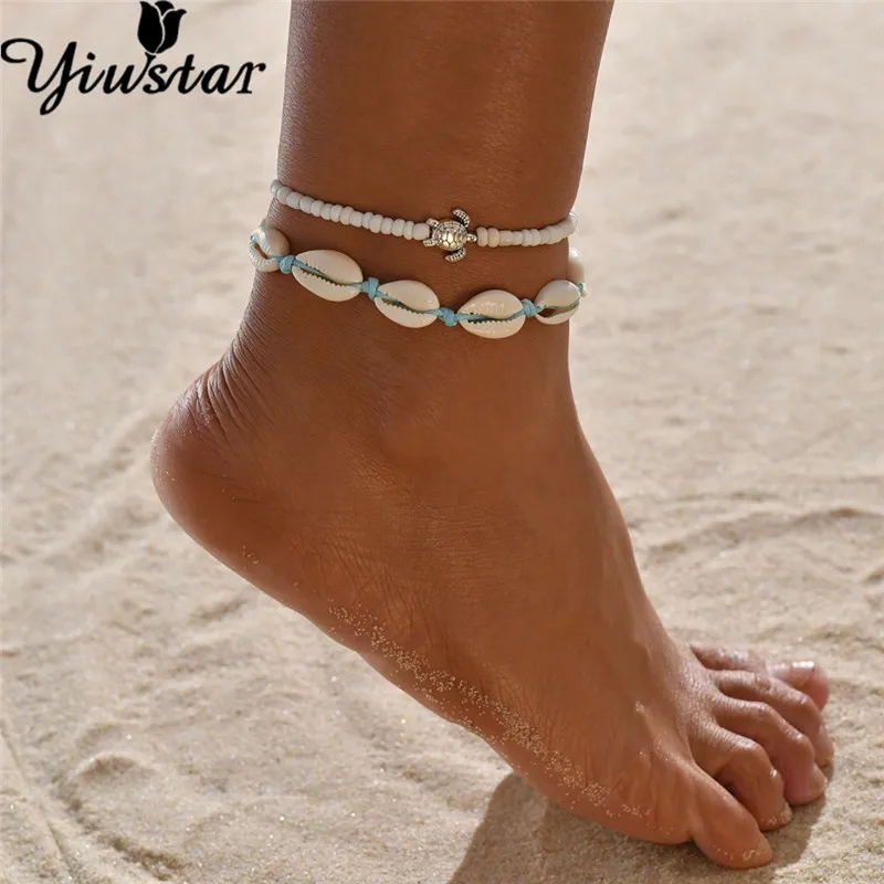 Yiustar двухслойный Boho Shell Beads браслет на лодыжке для женщин летний натуральный корпус для ног Ювелирные украшения на нитке цепочке милые аксессуары для ног
