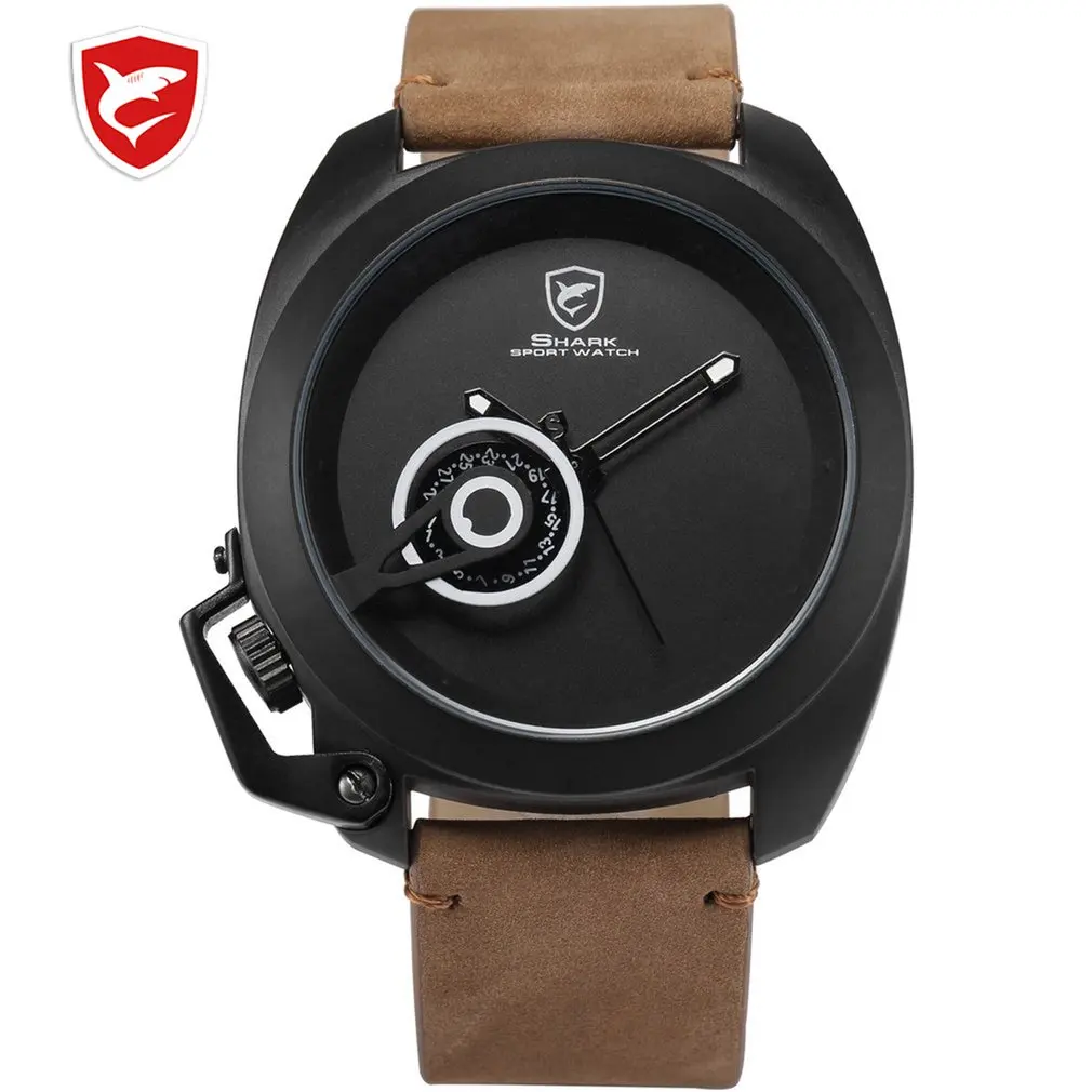 

Tawny SHARK Sport Watch Red Date Crown Guard Design Male Luxury Genuine Leather Wrist Watches Mens Fashion Quartz Relogio /SH446