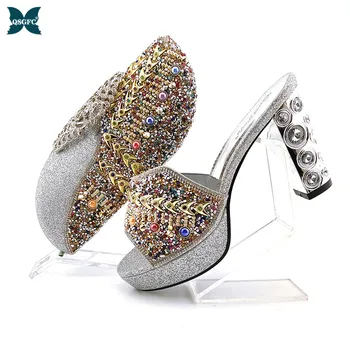 

2020 Lastest Shinning PU material Ladies Shoes and Bag Set Decorated with Metal Fish Bone and Colorful Rhinestone for Silver