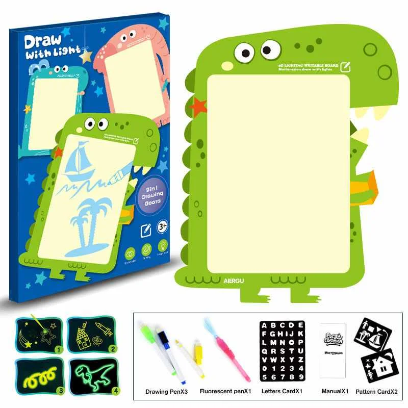 Green Dinosaur А3 Рисование Ночной светильник в темноте веселые детские игрушки написание волшебная доска для рисования набор обучающий английский язык - Цвет: Green Dinosaur