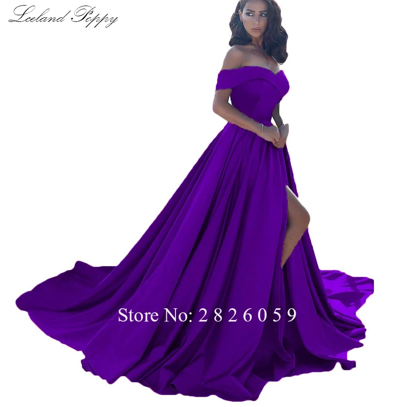 Purple Халат de Soiree женские с открытыми плечами А-силуэта атласные вечерние платья без рукавов спереди с разрезом длина до пола вечерние выпускные платья - Цвет: Purple