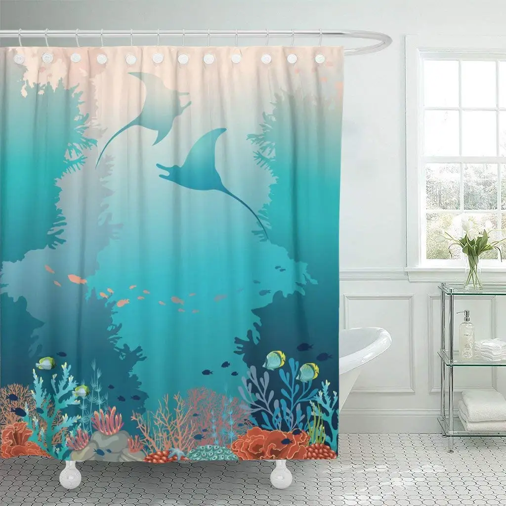 

Silhouette of Two Stingrays and Coral Reef Underwater Creatures Shower Curtain Bathroom Sets Hooks,Waterproof Polyester Curtain