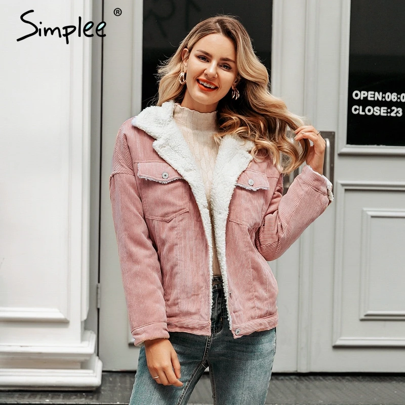 Simplee Повседневная осенне-зимняя Вельветовая куртка для женщин из овечьей шерсти на пуговицах, женские теплые пальто с карманами, верхняя одежда для девушек, теплые парки
