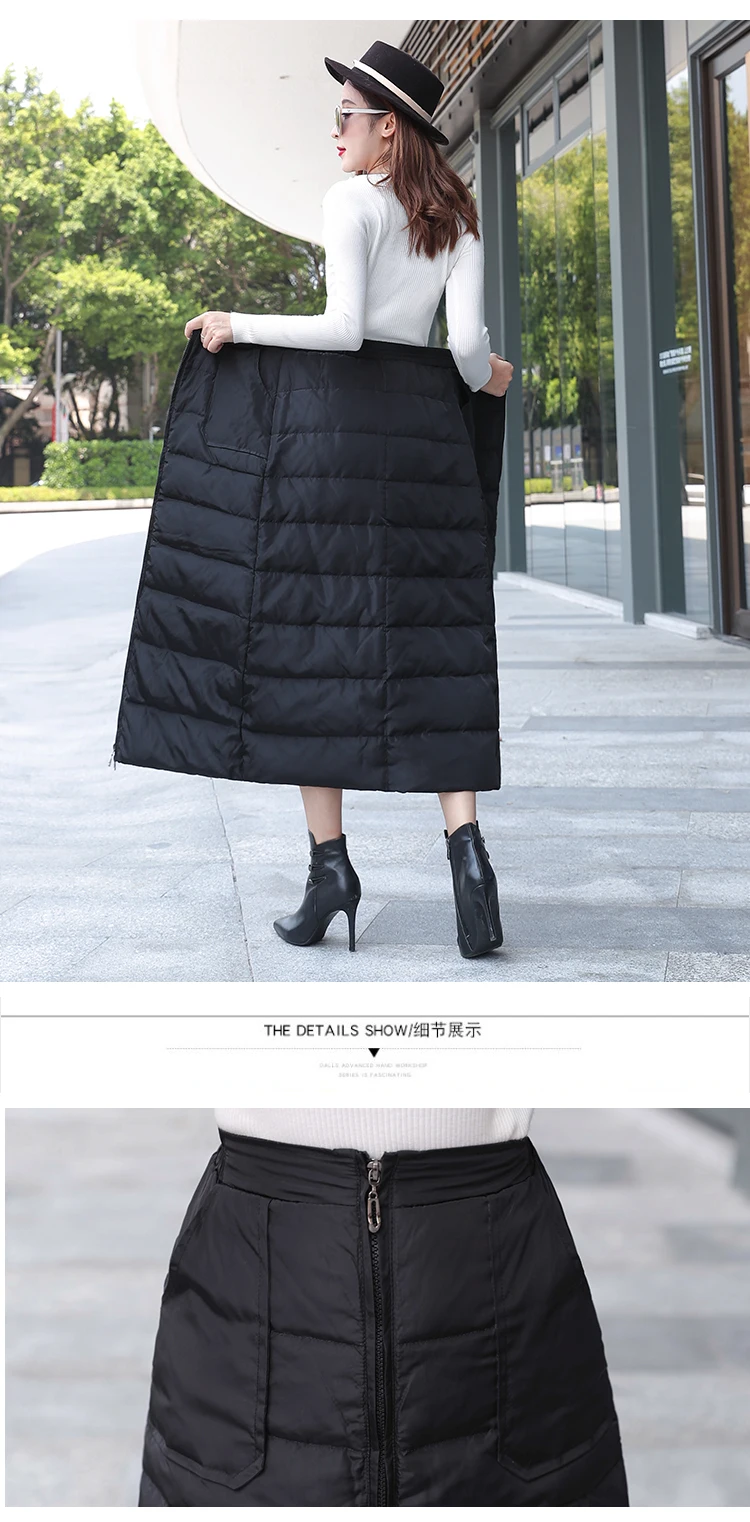 Winter Fall Fashion Women Elastic High Waisted Black Thick Warm Long Cotton Down Skirt Female Woman Padded Skirts