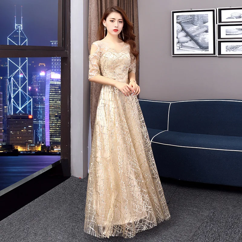 It's Yiiya Champagne Shiny Glitter Evening Dress Sexy V-neck Formal Dresses Robe De Soiree Elegant Women Party Gown K195