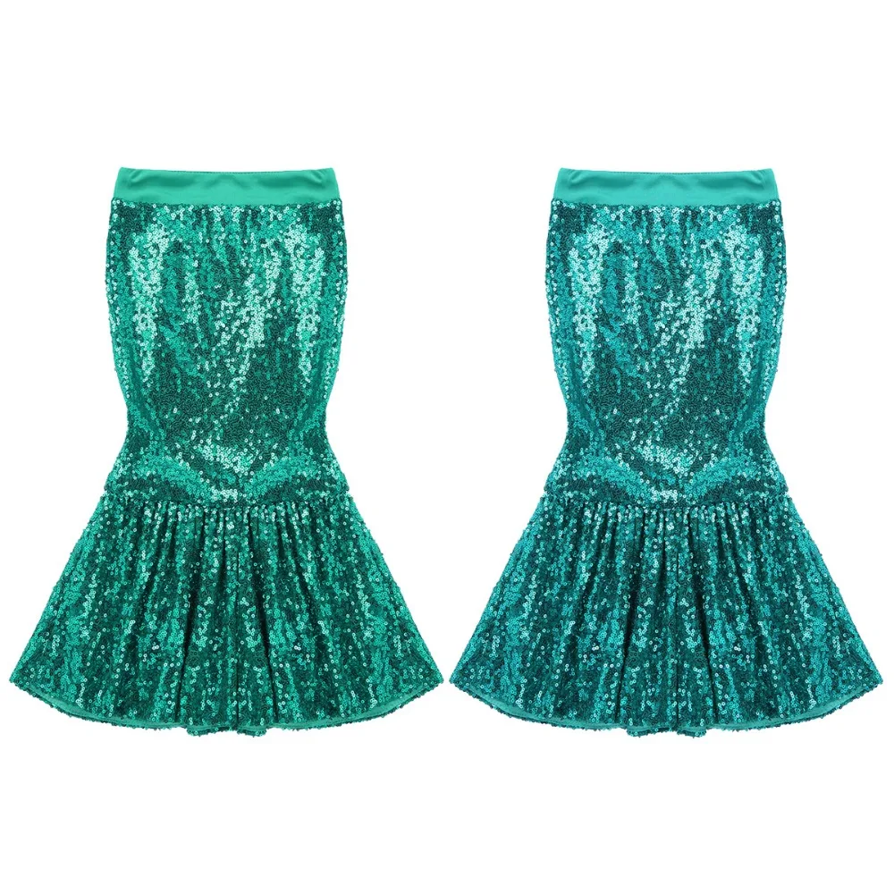 Kids Girls Shiny Mermaid Halloween Cosplay Costume Girl Sequins Fancy Party Dress Up Long Green Tail Skirt Mermaid Crop Tops Set
