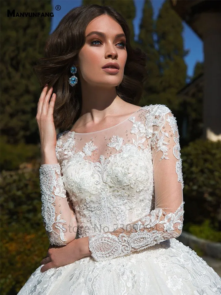 MANYUNFANG sexy wedding dress sheer neck and sleeves vestidos noiva long train long sleeve wedding dress women 2020 style MANYUNFANG sexy wedding dress sheer neck and sleeves vestidos noiva long train long sleeve wedding dress women 2020 style