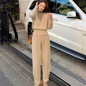 

2020 Spring Knitted 2 Piece Sets Outfits Women Fake Two Piece Tops Pullover + Harem Pants Suits Casual Fashion Korean Ladies Set