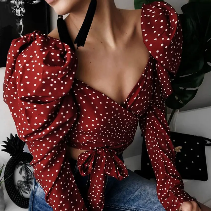Red OOTN винтажный женский пышный Топ в горошек с длинным рукавом, элегантный, на шнуровке, красный короткий топ, блузка, сексуальная, открытая спина, шикарные женские рубашки - Цвет: Red