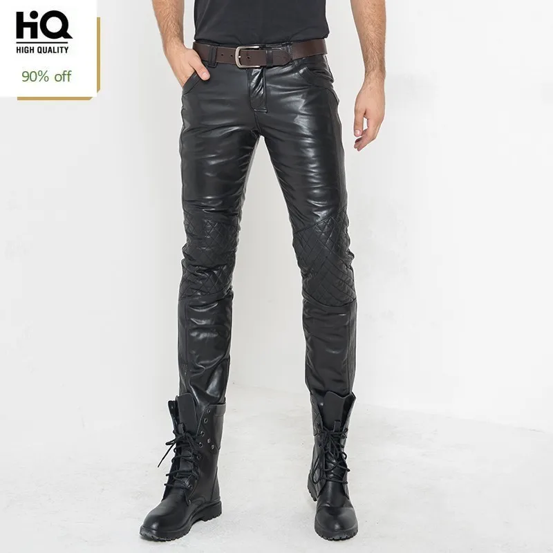 

Winter Mens Fleece Lining Trousers Straight Mid Waist Heavyweight Zipper Real Leather Full Length Pencil Pants Casual Biker Man