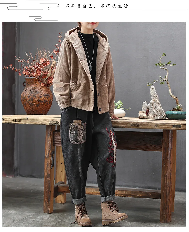 QPFJQD Ladies Autumn Winter Corduroy Jackets Vintage Loose Padded Coat Women Hooded Pocket Tops Casual All-Match Girls Clothes