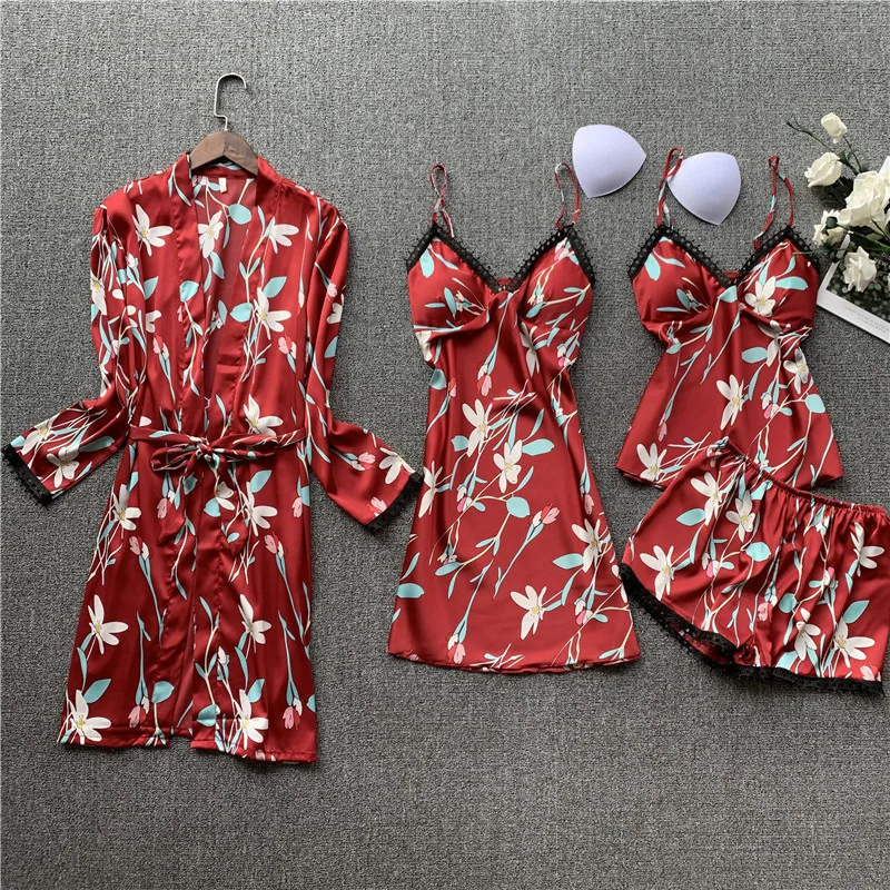

Lisacmvpnel Woman Sexy Pajamas Four Paper Set Camisole Pajamas Woman Real Silk Robe Thin Section Long Sleeve Nightwear