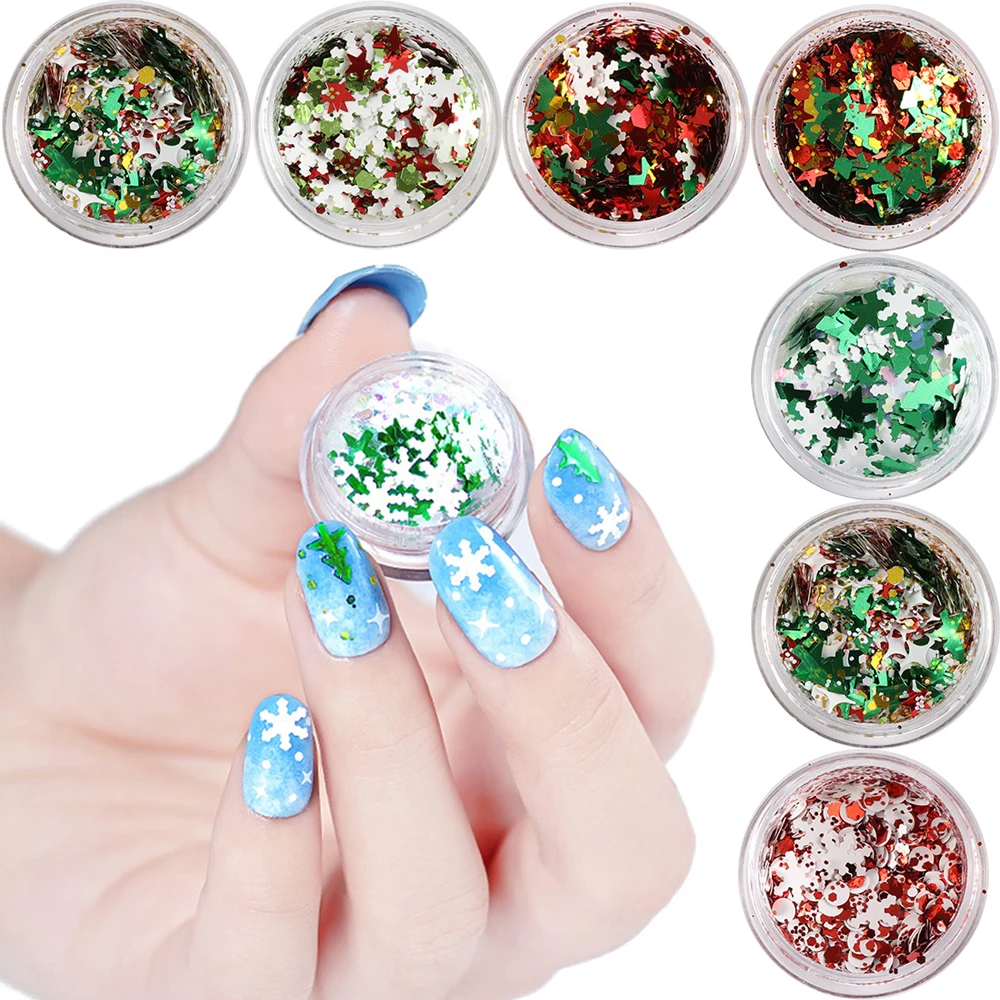 6Box /set Christmas Hot Mix Style Snowflake Christmas Tree Star Glitter Nail Sequins Holographic Flakes Nail Art Sticker Decor
