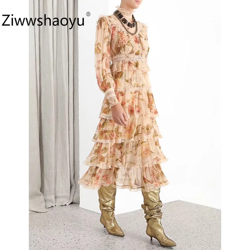 Ziwwshaoyu женские осенние зимние винтажные длинные платья с рукавами-фонариками и цветочным принтом, элегантные вечерние платья с кружевными оборками