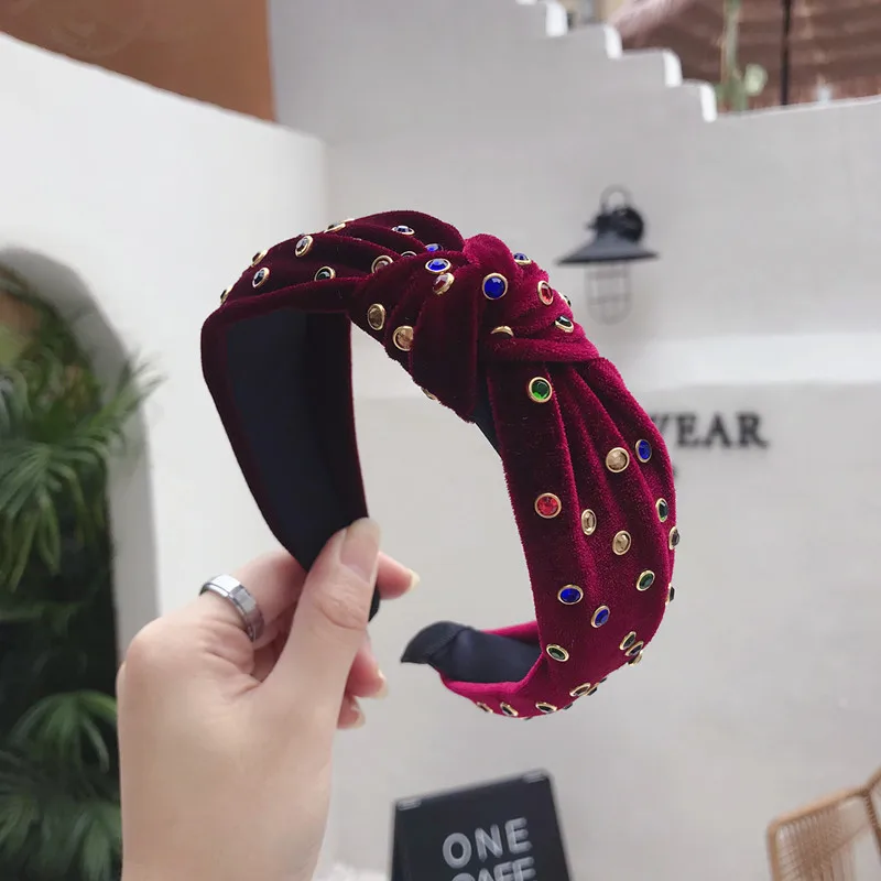 191010 wine red Vintage Colorful Rhinestone Hair Bands For Women Hair Clips Velvet Turban Headband Girls Hair Accessories haar accessoires - Цвет: 191010 wine red