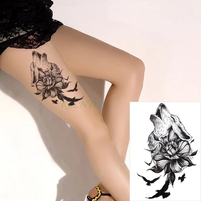 Водостойкая временная татуировка наклейка ревущая голова Волка Птица Животное цветок тату черный флэш-тату поддельные большие татуировки для мужчин и женщин - Цвет: Лиловый