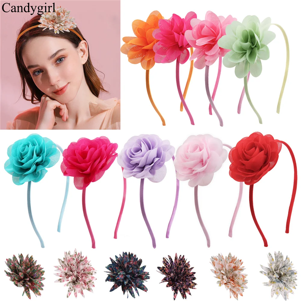 Candygirl 0.5CM Solid Big Rose Flower Headband Hair Band for Children Girls Bows Hair Hoop Grosgrain Ribbon Hair Accessories candygirl glitter headbands for girls rainbow clouds striped waves hair hoops sequin colorful star hair bands accessories