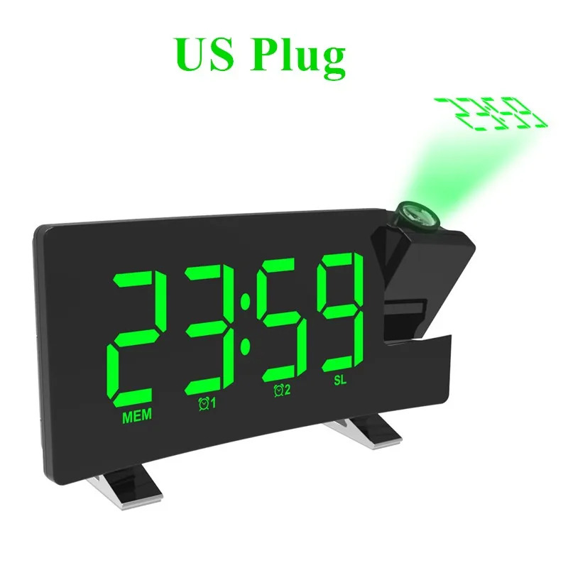 Green-US Plug FM радио проекционный будильник 8 дюймов светодиодный экран Поддержка двойные сигналы функция повтора сигнала с usb зарядным портом EU/US Plug - Цвет: Green-US Plug