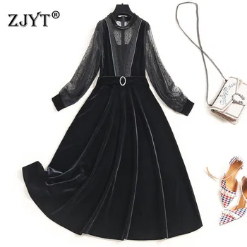 

New Autumn Winter Fashion Woman Clothes 2020 Elegant Lady Long Sleeve Lace Patchwork Sexy Black Velvet Dress Party Vestidos