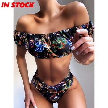 

New Bikini Straight collar Printed Swimsuit Ladies Split Bikini fashion beach swimming wear dragon print Female