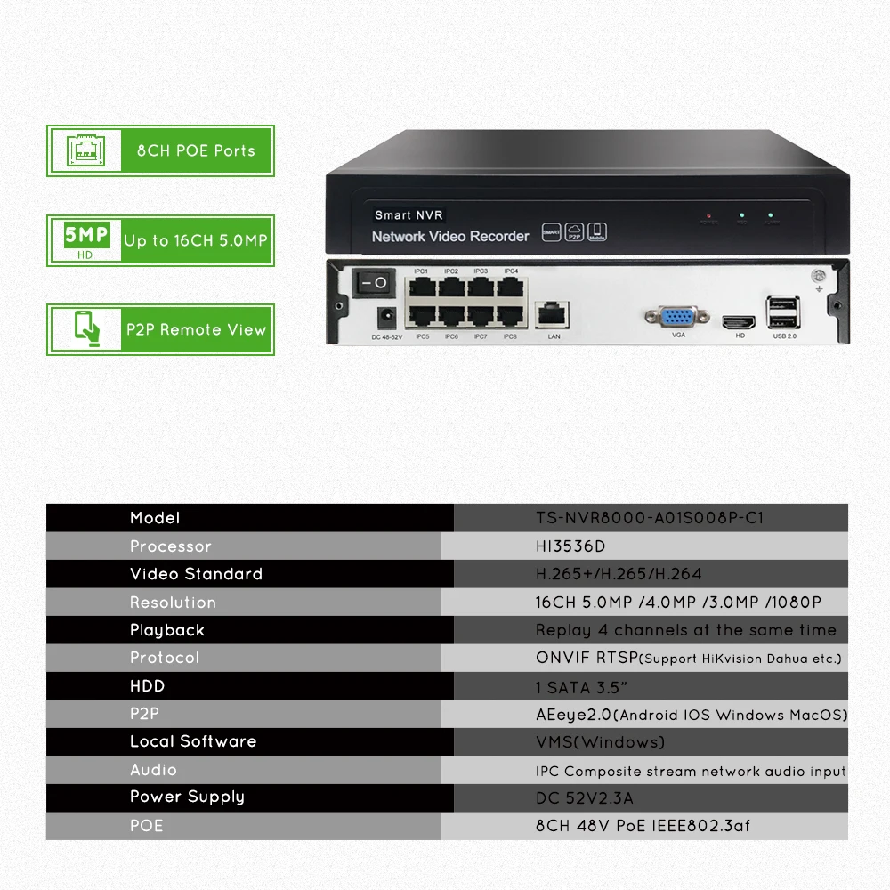 TySvance 8ch POE 5MP NVR H.265 сеть NVR видео Регистраторы до 16ch 1 HDD 24/7 записывающая IP камера Onvif 2,6 P2P Системы