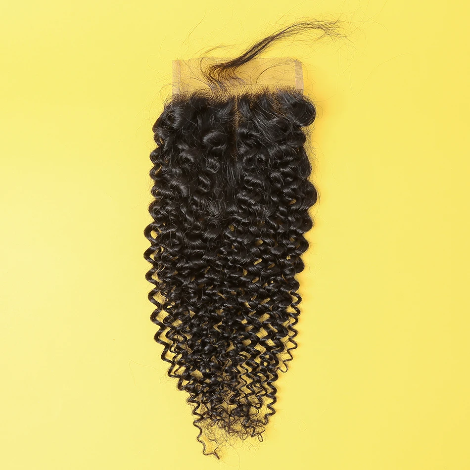 4x4 закрытие шнурка человеческие волосы закрытие кудрявые бразильские волосы плетение натуральный цвет Remy Фронтальная Закрытие /средняя часть