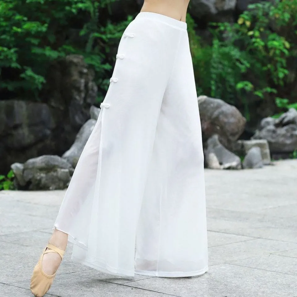 Women Pants Chinese Style Performance White Black Classical Dance Practice Clothes Kawaii Cute Trousers Wide Leg Elastic Waist