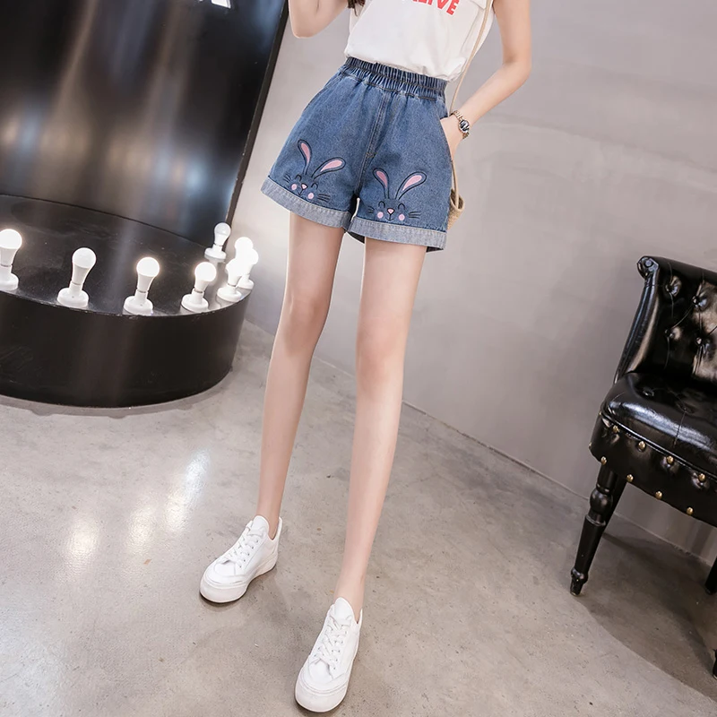 Female Loose Plus Size Women Rabbit Embroidery Shorts 2023 Summer Casual Elastic Waist Ladies Denim Shorts Jeans Girls Kawaii