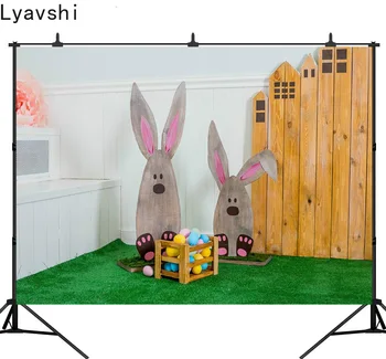

Lyavshi Happy Easter Bunny Party Decorations Backdrop Colorful Eggs Rabbit Basket Wood wall Photography Background Photo Banner
