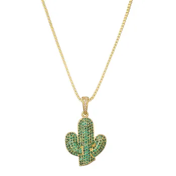 

Hip Hop Punk Style Jewelry Gold Box Chain Necklace AAA+ CZ Cactus Pendant Necklace For Women Men Christmas Gift Dropship