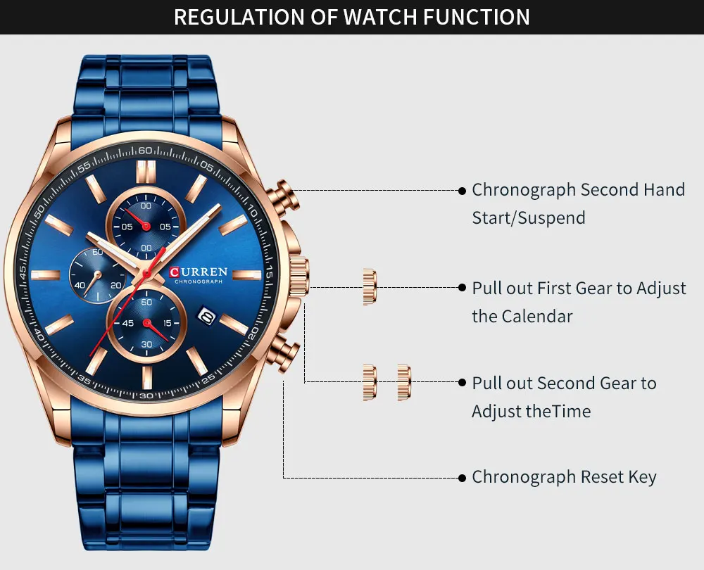 CURREN новые мужские часы с хронографом с датой Лидирующий бренд большие спортивные кварцевые часы мужские синие полностью стальные мужские