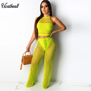 

Summer Backless Fishnet Knitted Two Piece Set Women Sexy See Through Night Club Suits Halter Top Pants Casual Beach Outfits