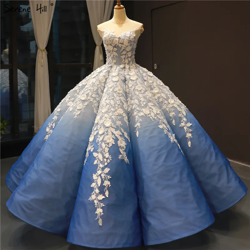 Blue Blue Gradation Handcrafted Flowers Wedding Dresses O-Neck Sleeveless Lace Up Bridal Gowns Serene Hill Custom Made C66698 - Цвет: Blue