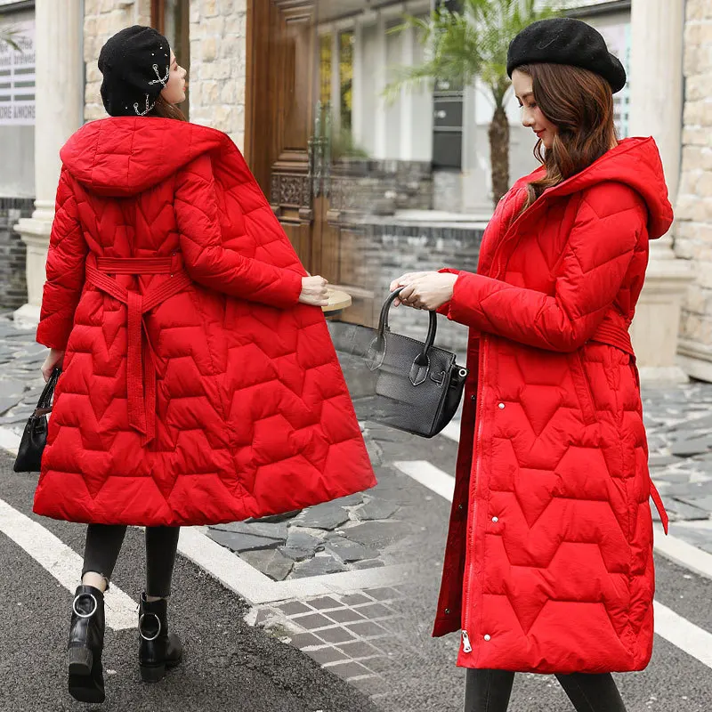 

2019 Winter New Style Belt Long Europe And America Fashion Straight Long over-the-Knee down Jacket Cotton-padded Clothes Clothin