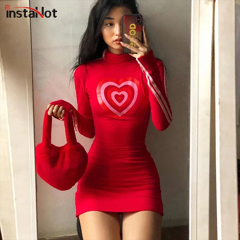 

InstaHot Heart Print Turtleneck Dress Stripe Side Pink Red Slim Women Autumn Bodycon Casual Party Club Streetwear Dresses 2019
