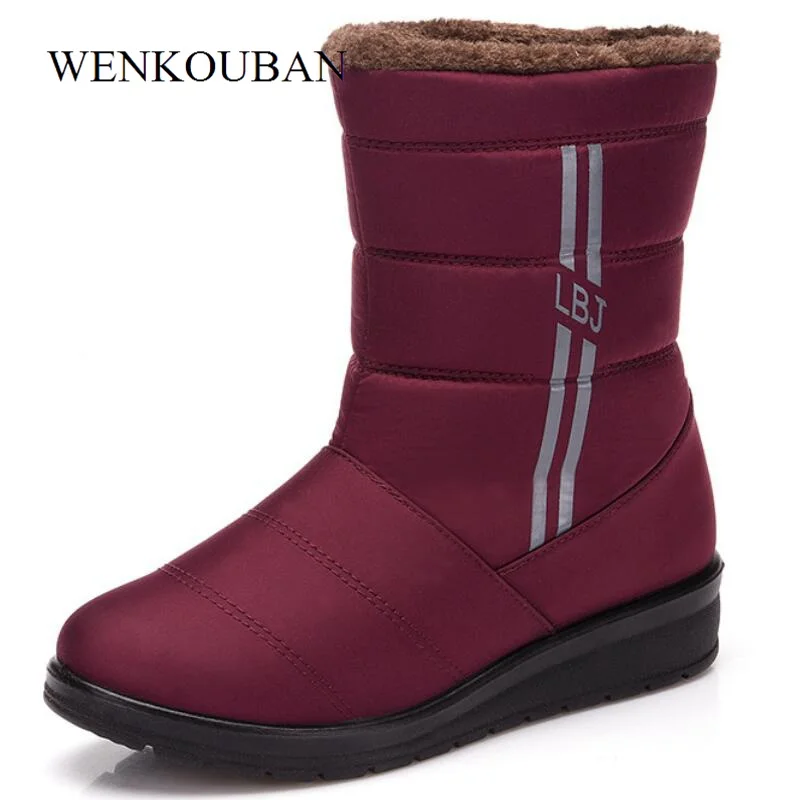 win red Boots Женские зимние сапоги; водонепроницаемые сапоги до середины икры на резиновой подошве; женская обувь на танкетке; теплые плюшевые женские зимние сапоги; Botines Mujer; - Цвет: win red Boots
