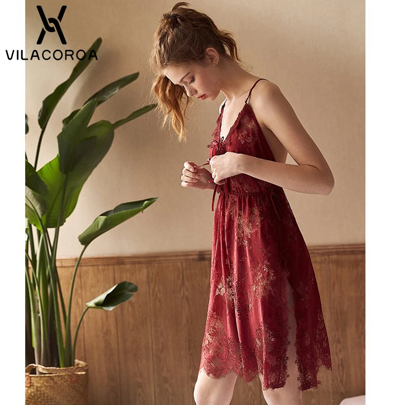 Sexy Lace White Split Night Dress V-Neck Spaghetti Strap Empire Mini Sleepwear Seksi Gecelik 5 Colors Sexy Bathrobe Nuisette
