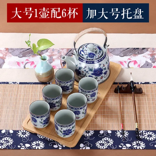 Pot Large 6 Cup Tary Китайский стиль Цзиндэчжэнь керамический чайник чайная чашка большой синий цветок фарфоровый горшок фильтрованный набор чайных бутылок домашний чайный деревянный поднос - Color: Pot Large 6 Cup Tary