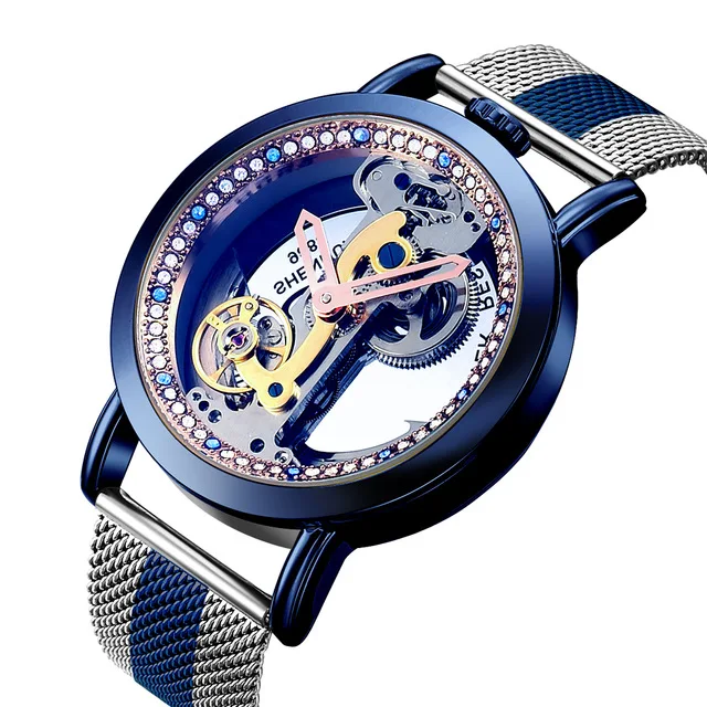 Роскошные мужские часы SHENHUA прозрачный циферблат Troubillon полностью стальные часы Мужские автоматические механические часы Relogio Masculino - Цвет: silver blue-1