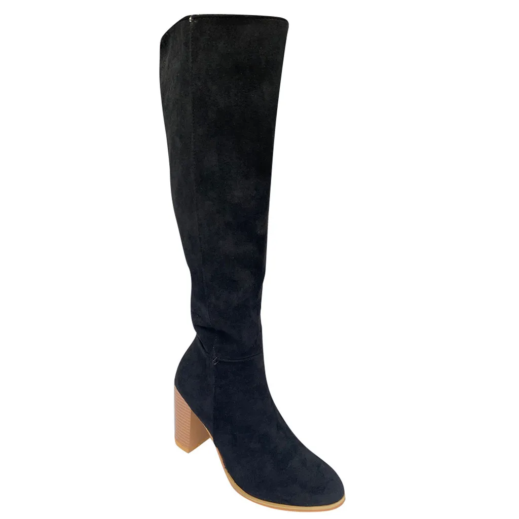 Women's Rome Elegant Long Boots Solid Color Large Size Zipper Chunky High Heels Knee-high Boots Shoes woman Brown Warmer Boots