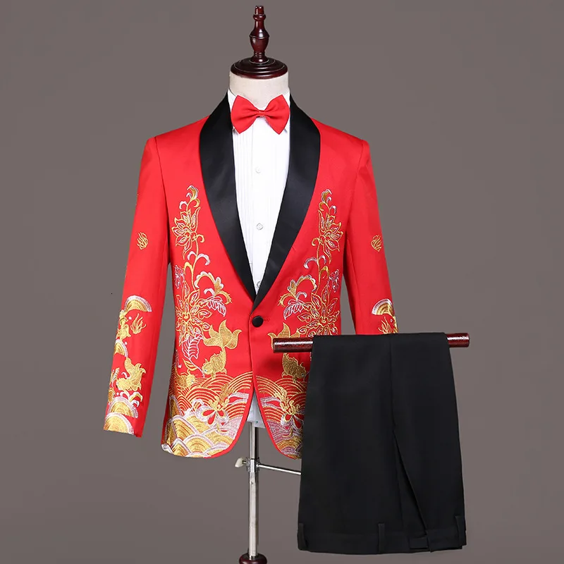 PYJTRL мужские модные золотые костюмы с вышивкой белое черное красное платье для выпускного вечера сценические костюмы певцов свадебный смокинг жениха куртка с брюками