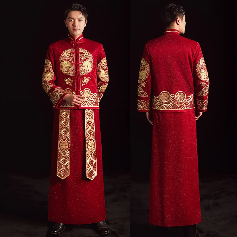 Vintage Men Red Dragon Embroidery Qipao Chinese Traditional Bridegroom Wedding Dress Male Marriage Tang Suit Clothing