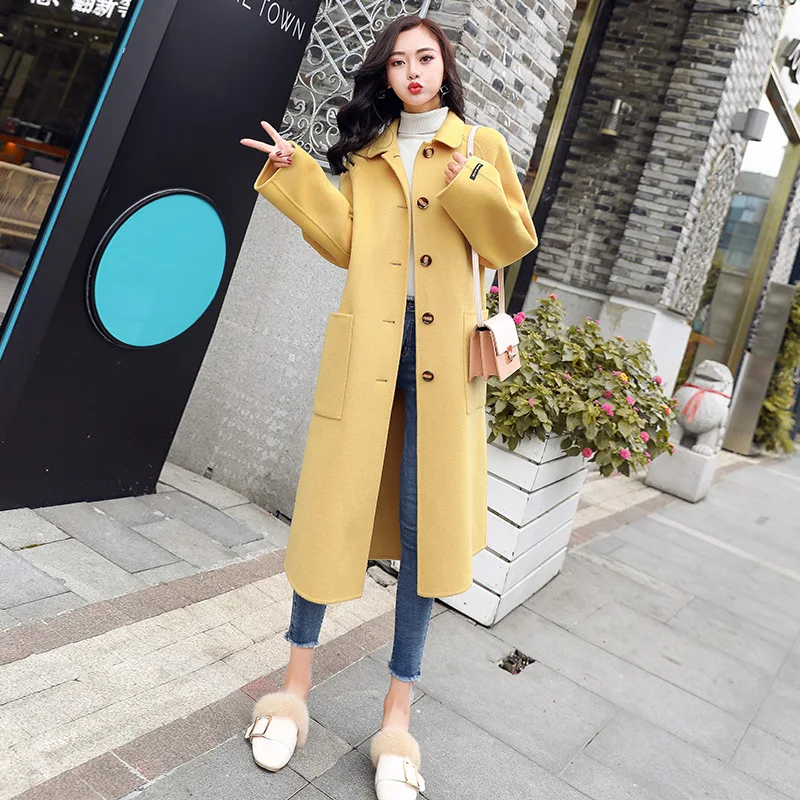 

Factory direct sales Autumn and winter new style Women's Wool Coat Long Woolen Coat Single Breasted Slim Type Female pocket coat